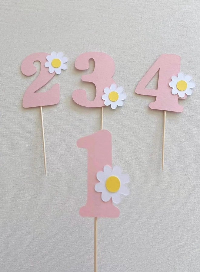 Curious Button Pack of 4 Daisy Number Cake Toppers for 1st Birthday | Pink Pastel Flower Cupcake Topper Paper 2.3 Inch Number | Floral Age Cake Decoration | Paper Topper for Baby Party - Image 2